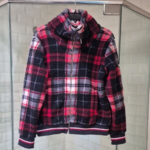 NWT Tommy Hilfiger Blk Red Wht Plaid Sherpa Jacket Zip Front Sz. S Retail $80.